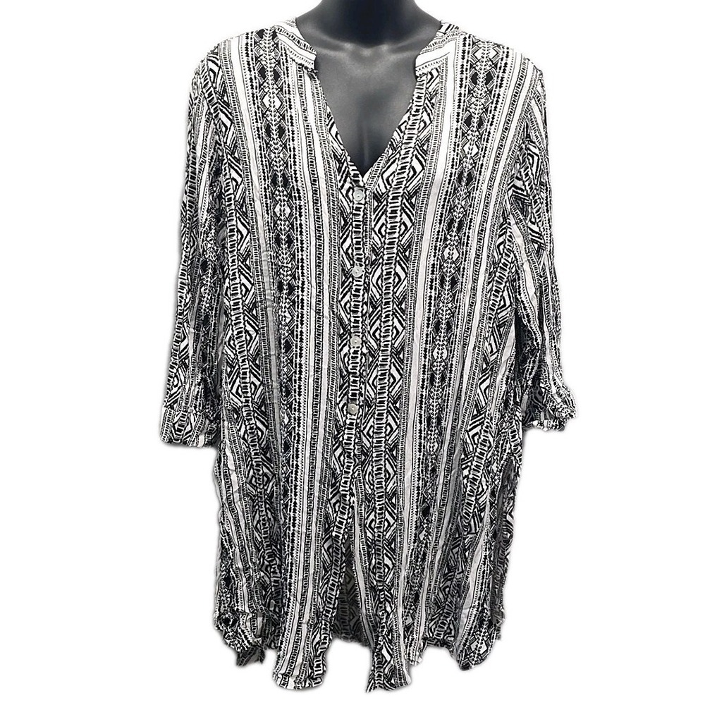 Pacific Beach Black White Boho Button‎ Front Tunic Top 3/4 Sleeve V Neck sz 3X